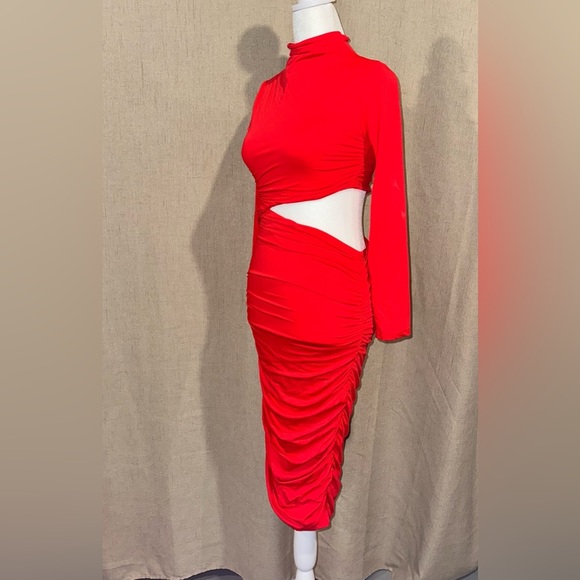 Long Sleeve Mock Neck One Piece Cutout Ruched Bodycon Midi Party Dress - Picture 1 of 5